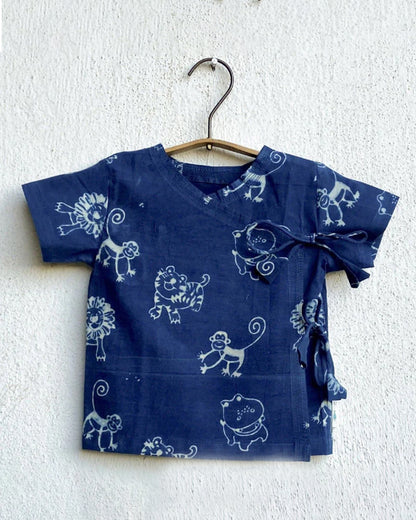 Whitewater Kids Blue & White Jhabla Set-Half Sleeve-Animal Pattern-Organic Cotton-For Infants