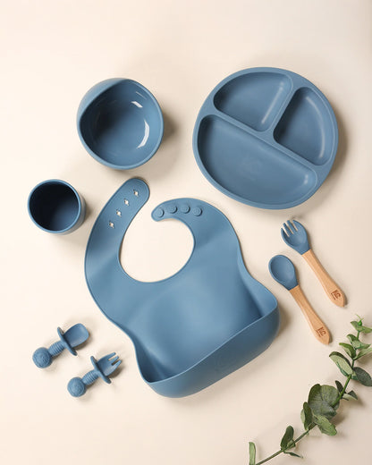 Kicks & Crawl Blue MunchMate Silicone Meal Set-8 Pieces-Suction Base & Divided Sections-Cobalt Blue