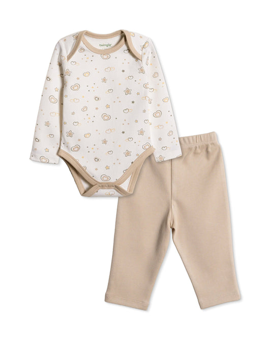 Twingle 100% Organic Cotton Baby Bodysuit & Leggings Set-Long Sleeves-Nickel Free Snaps-White-Hearts & Stars Print-For Infants