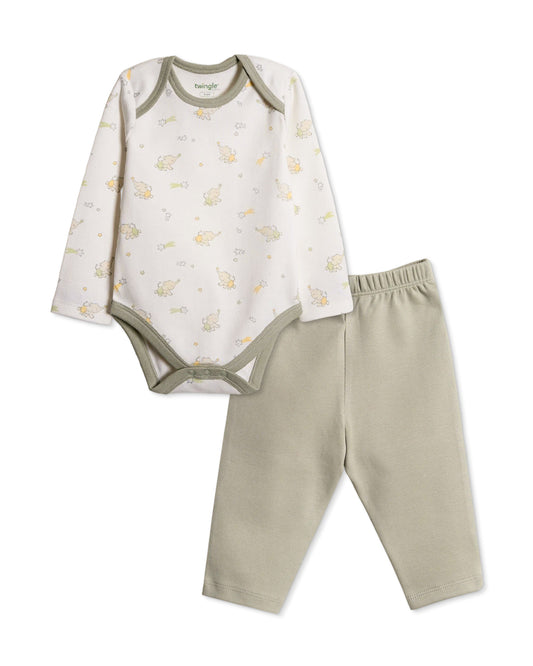 Twingle 100% Organic Cotton Baby Bodysuit & Leggings Set-Long Sleeves-Nickel Free Snaps-White-Elephant Print-For Infants