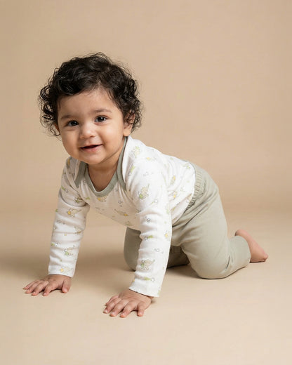 Twingle 100% Organic Cotton Bodysuit with Leggings-Envelope Neck for Easy Dressing-No Itchy Tags-Soft Elasticated Waistband-Long Sleeves-Elephant Print-White-For Infants