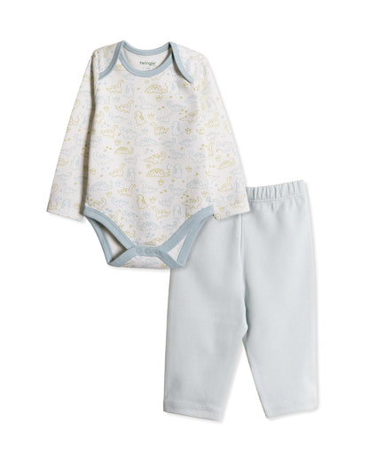 Twingle 100% Organic Cotton Baby Bodysuit & Leggings Set-Long Sleeves-Nickel Free Snaps-White-Dino Print-For Infants