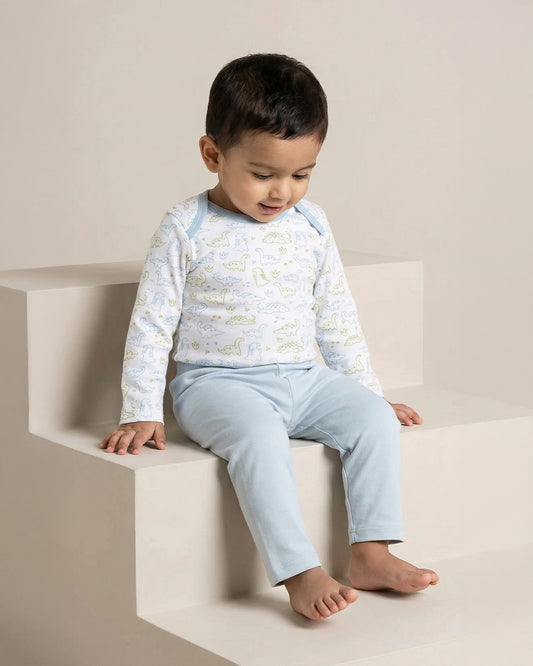 Twingle 100% Organic Cotton Bodysuit with Leggings-Envelope Neck for Easy Dressing-No Itchy Tags-Soft Elasticated Waistband-Long Sleeves-Dino Print-White-For Infants