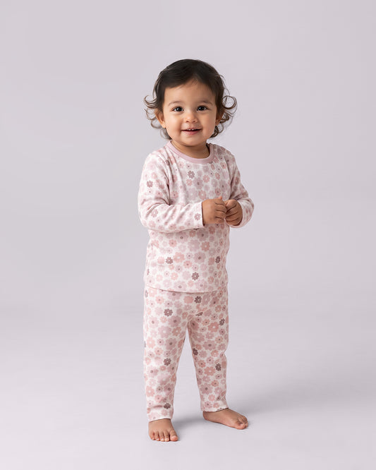 Twingle 100% Organic Cotton T-shirt & Leggings Set-No Itchy Tags-Shoulder Snaps for Easy Dressing-Soft Adjustable Waistband-Long Sleeves-Floral Print-Pastel Pink-For Infants