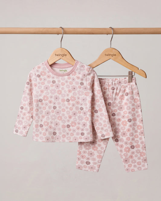 Twingle 100% Organic Cotton T-shirt & Leggings Set-No Itchy Tags-Shoulder Snaps for Easy Dressing-Soft Adjustable Waistband-Long Sleeves-Floral Print-Pastel Pink-For Infants