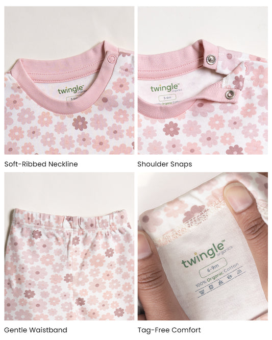 Twingle 100% Organic Cotton T-shirt & Leggings Set-No Itchy Tags-Shoulder Snaps for Easy Dressing-Soft Adjustable Waistband-Long Sleeves-Floral Print-Pastel Pink-For Infants