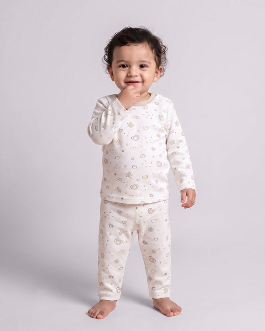 Twingle 100% Organic Cotton T-shirt & Leggings Set-No Itchy Tags-Shoulder Snaps for Easy Dressing-Soft Adjustable Waistband-Long Sleeves-Hearts & Stars Print-White-For Infants