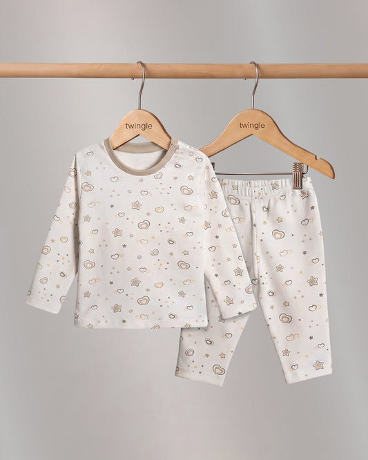 Twingle 100% Organic Cotton T-shirt & Leggings Set-No Itchy Tags-Shoulder Snaps for Easy Dressing-Soft Adjustable Waistband-Long Sleeves-Hearts & Stars Print-White-For Infants