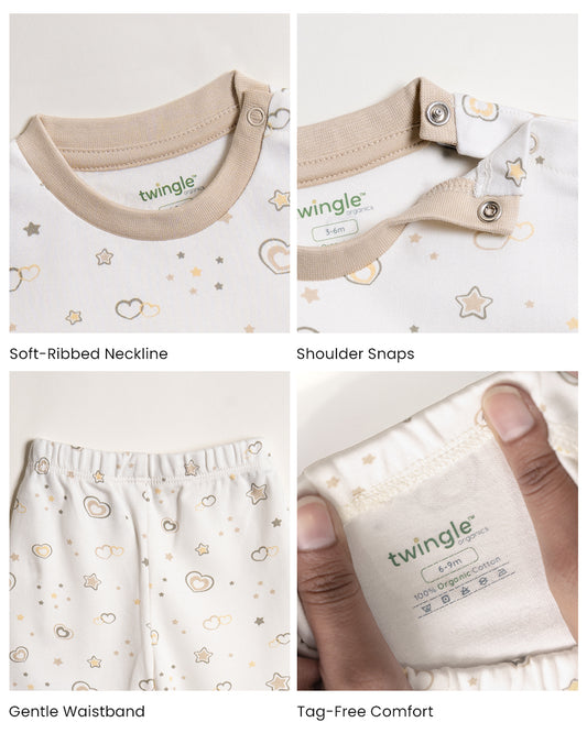 Twingle 100% Organic Cotton T-shirt & Leggings Set-No Itchy Tags-Shoulder Snaps for Easy Dressing-Soft Adjustable Waistband-Long Sleeves-Hearts & Stars Print-White-For Infants