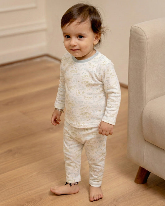 Twingle 100% Organic Cotton T-shirt & Leggings Set-Tag-Free Comfort-Easy Shoulder Snaps-White-Dino Print-For Infants