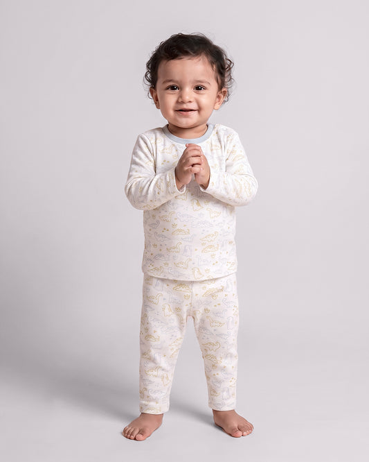 Twingle 100% Organic Cotton T-shirt & Leggings Set-No Itchy Tags-Shoulder Snaps for Easy Dressing-Soft Adjustable Waistband-Long Sleeves-Dino Print-White-For Infants