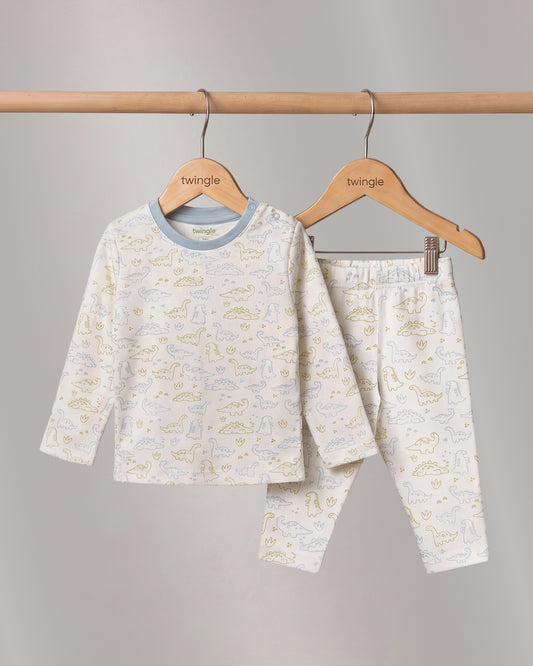 Twingle 100% Organic Cotton T-shirt & Leggings Set-No Itchy Tags-Shoulder Snaps for Easy Dressing-Soft Adjustable Waistband-Long Sleeves-Dino Print-White-For Infants