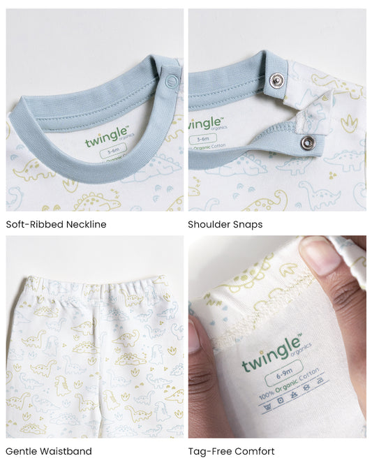 Twingle 100% Organic Cotton T-shirt & Leggings Set-No Itchy Tags-Shoulder Snaps for Easy Dressing-Soft Adjustable Waistband-Long Sleeves-Dino Print-White-For Infants