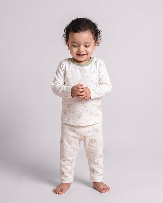 Twingle 100% Organic Cotton T-shirt & Leggings Set-No Itchy Tags-Shoulder Snaps for Easy Dressing-Soft Adjustable Waistband-Long Sleeves-Elephant Print-White-For Infants