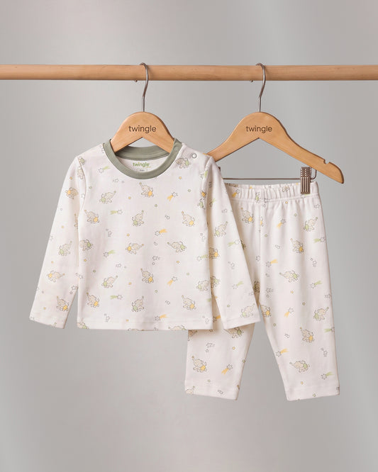 Twingle 100% Organic Cotton T-shirt & Leggings Set-No Itchy Tags-Shoulder Snaps for Easy Dressing-Soft Adjustable Waistband-Long Sleeves-Elephant Print-White-For Infants