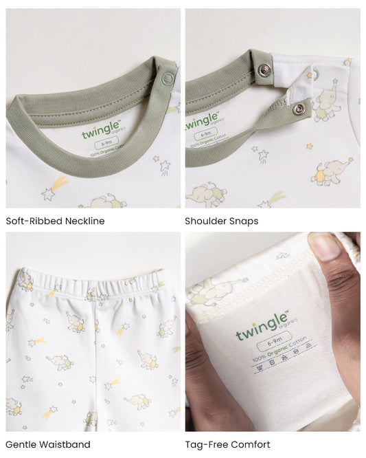 Twingle 100% Organic Cotton T-shirt & Leggings Set-No Itchy Tags-Shoulder Snaps for Easy Dressing-Soft Adjustable Waistband-Long Sleeves-Elephant Print-White-For Infants