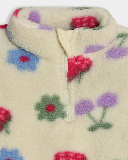 Mi Arcus Cream Winter Wear Sherpa Sweatshirt-Floral-Polyester-For Infants