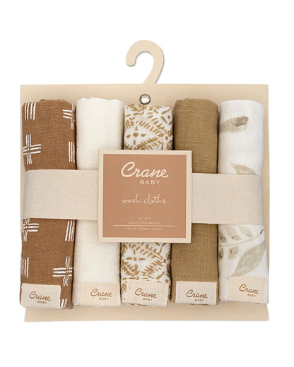 Crane Baby 100% Cotton Muslin Wash Cloth-Soft & Absorbent-Kendi-Pack of 5-For Infants