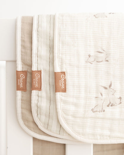 Crane Baby Burp Cloth Set-With Soft Muslin Front & Terry Back-Super Absorbent-Lightweight & Hypoallergenic-Avery Bunny-Pack of 3-For Infants