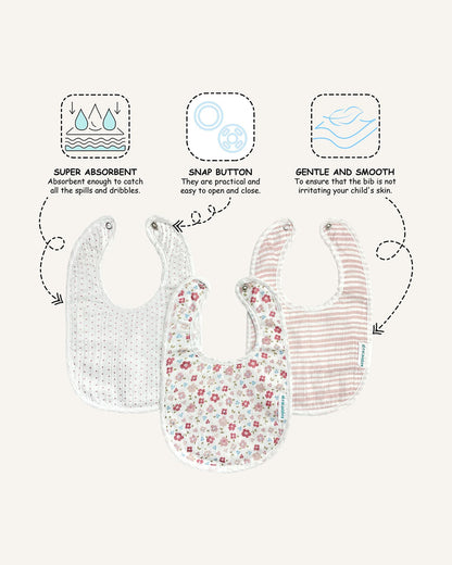Abracadabra Muslin Bibs-Vintage Floral-Foldable-With Snap Button-Pack of 3-For Infants