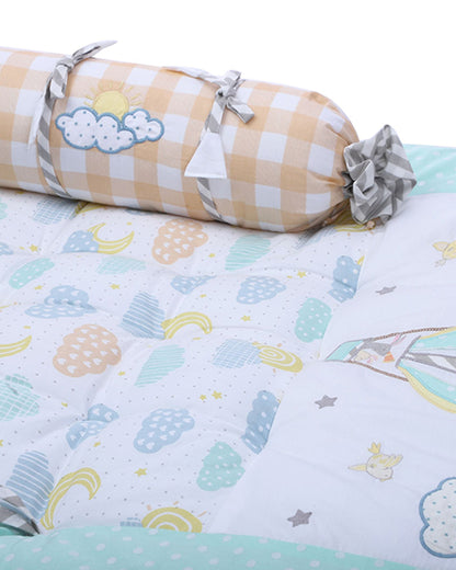Abracadabra Baby Gadda Set-With 2 Bolsters & Mattress-Blue-Lost in Clouds-For Infants