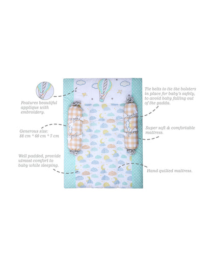 Abracadabra Baby Gadda Set-With 2 Bolsters & Mattress-Blue-Lost in Clouds-For Infants