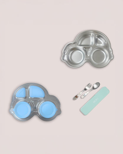 Theoni Stainless Steel Car Shape Suction Plate-BPA-Free & Dishwasher Safe-Blue-For Feeding