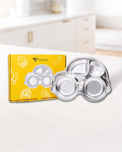 Theoni Stainless Steel Car Shape Suction Plate-BPA-Free & Dishwasher Safe-Blue-For Feeding