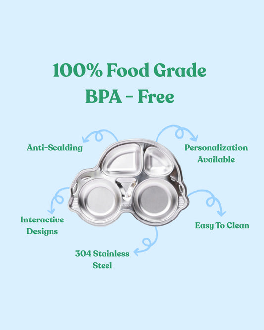 Theoni Stainless Steel Car Shape Suction Plate-BPA-Free & Dishwasher Safe-Blue-For Feeding
