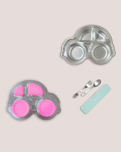 Theoni Stainless Steel Car Shape Suction Plate-BPA-Free & Dishwasher Safe-Pink-For Feeding