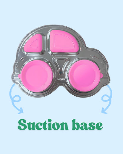 Theoni Stainless Steel Car Shape Suction Plate-BPA-Free & Dishwasher Safe-Pink-For Feeding