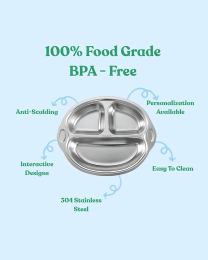 Theoni Stainless Steel Suction Plate-3 Compartments-BPA-Free & Dishwasher Safe-Blue-For Feeding