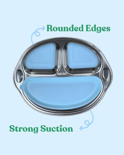 Theoni Stainless Steel Suction Plate-3 Compartments-BPA-Free & Dishwasher Safe-Blue-For Feeding