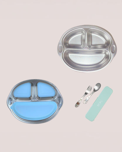 Theoni Stainless Steel Suction Plate-3 Compartments-BPA-Free & Dishwasher Safe-Blue-For Feeding
