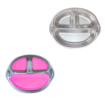 Theoni Stainless Steel Suction Plate-3 Compartments-BPA-Free & Dishwasher Safe-Pink-For Feeding
