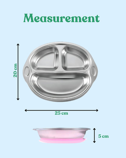 Theoni Stainless Steel Suction Plate-3 Compartments-BPA-Free & Dishwasher Safe-Pink-For Feeding