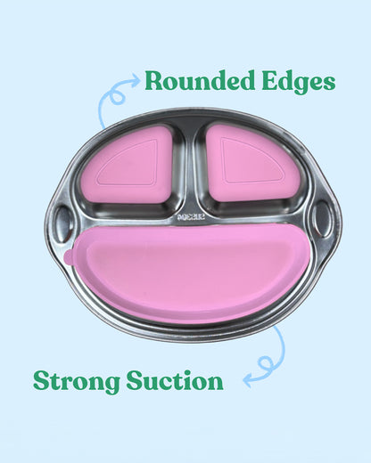 Theoni Stainless Steel Suction Plate-3 Compartments-BPA-Free & Dishwasher Safe-Pink-For Feeding