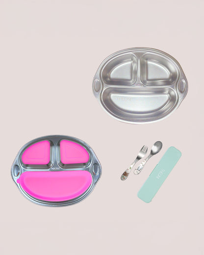 Theoni Stainless Steel Suction Plate-3 Compartments-BPA-Free & Dishwasher Safe-Pink-For Feeding