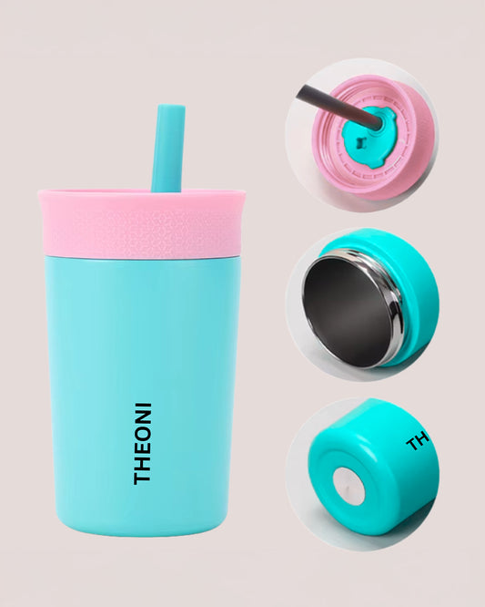Theoni Star Kids Stainless Steel Insulated Tumbler With Cleaning Brush-Leakproof & BPA Free-Turquoise-355ml