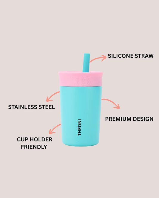 Theoni Star Kids Stainless Steel Insulated Tumbler With Cleaning Brush-Leakproof & BPA Free-Turquoise-355ml