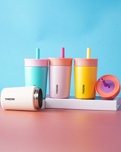 Theoni Star Kids Stainless Steel Insulated Tumbler With Cleaning Brush-Leakproof & BPA Free-Beige-355ml