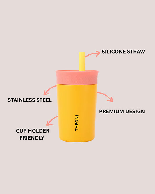 Theoni Star Kids Stainless Steel Insulated Tumbler With Cleaning Brush-Leakproof & BPA Free-Yellow-355ml