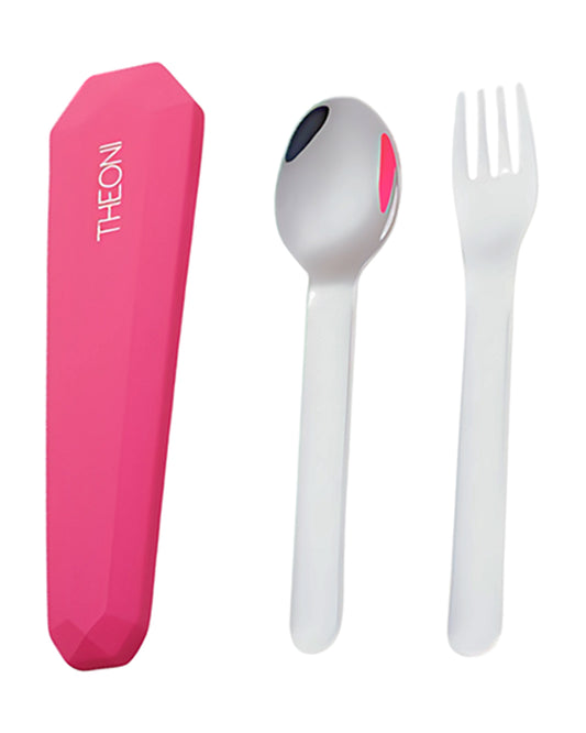 Theoni On The Go Stainless Steel Spoon & Fork Set-With Silicone Case-Pink-For Infants