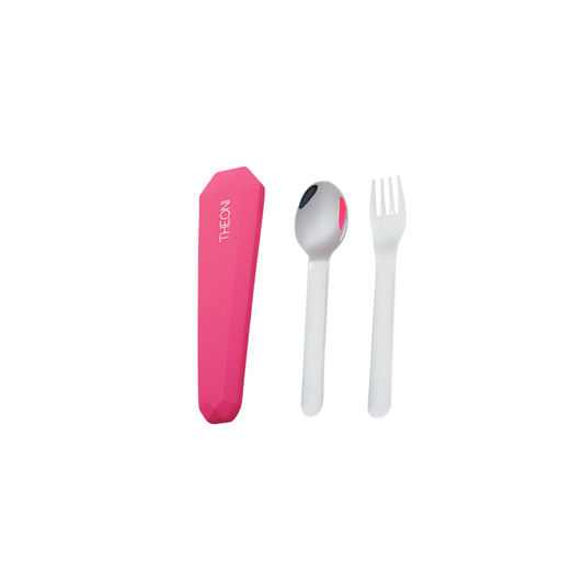 Theoni On The Go Stainless Steel Spoon & Fork Set-With Silicone Case-Pink-For Infants
