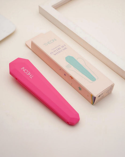 Theoni On The Go Stainless Steel Spoon & Fork Set-With Silicone Case-Pink-For Infants