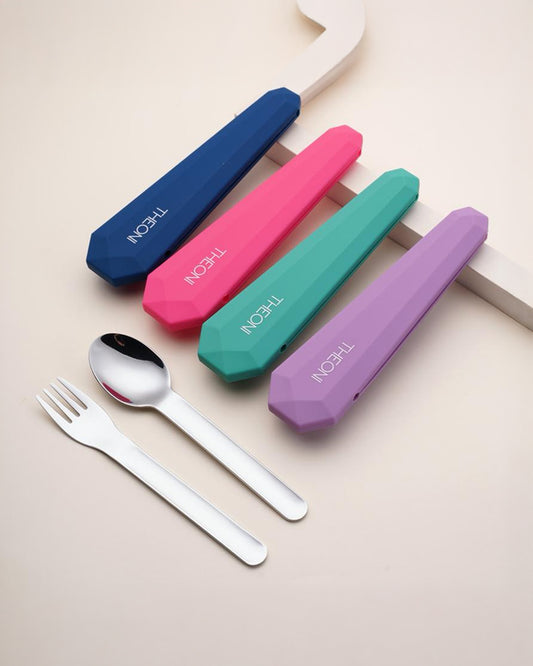 Theoni On The Go Stainless Steel Spoon & Fork Set-With Silicone Case-Pink-For Infants