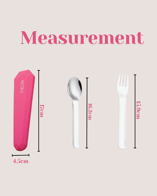 Theoni On The Go Stainless Steel Spoon & Fork Set-With Silicone Case-Pink-For Infants