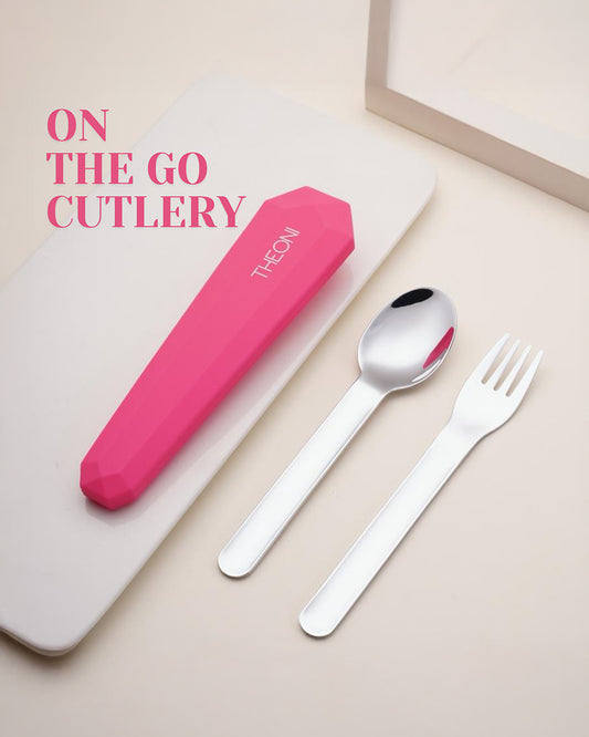 Theoni On The Go Stainless Steel Spoon & Fork Set-With Silicone Case-Pink-For Infants