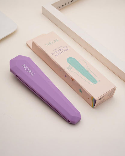 Theoni On The Go Stainless Steel Spoon & Fork Set-With Silicone Case-Purple-For Infants