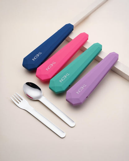 Theoni On The Go Stainless Steel Spoon & Fork Set-With Silicone Case-Purple-For Infants